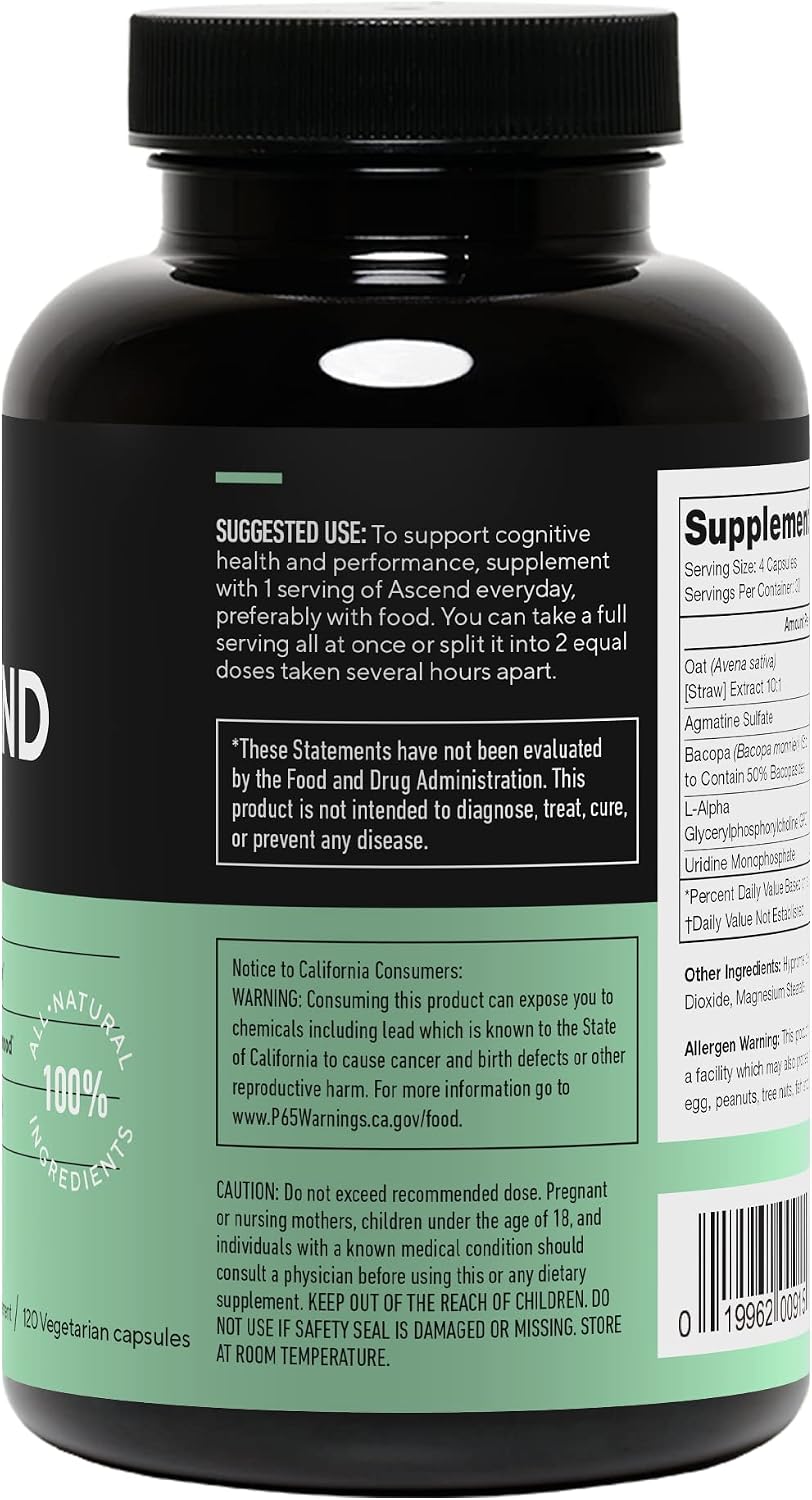 LEGION Athletics Ascend Nootropic - All-Natural Brain Supplements for Memory and Focus - Nootropics Brain Support Supplement with Alpha-GPC - Brain Supplement for Alertness & Mood Support, 30 Servings