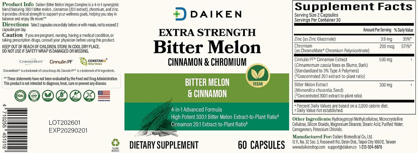 DAIKEN Bundle of Kids Fish Oil Omega-3 Gummies 300mg DHA/EPA w/Vitamin D3, Norwegian Sourced & Bitter Melon, Cinnamon & Chromium Vegetarian Capsules w/Zinc