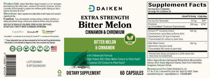 DAIKEN Bitter Melon, Cinnamon & Chromium, 100% Vegetarian Bitter Melon Capsules with Cinnamon Chromium & Zinc, 60 Capsules
