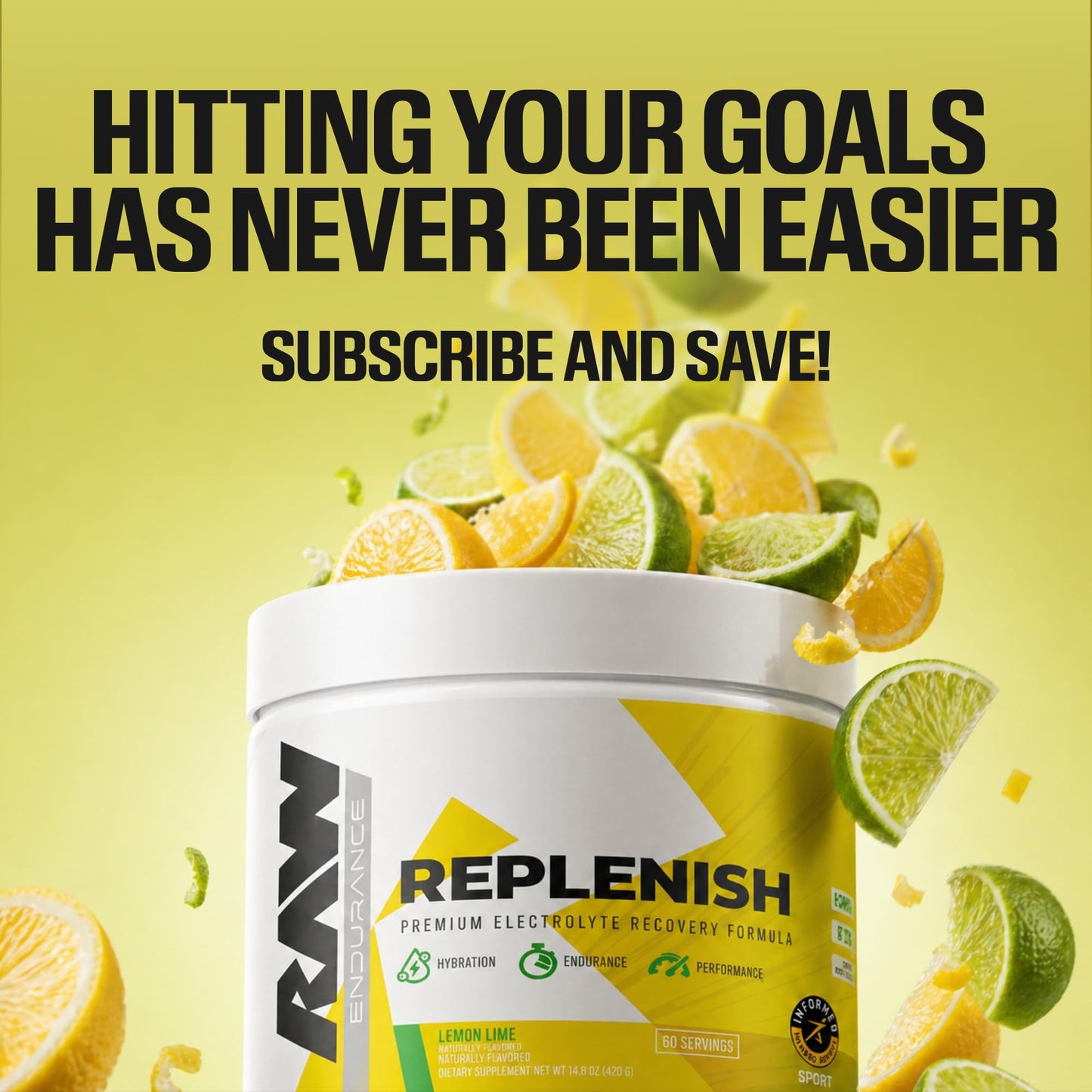 RAW Replenish, Premium Electrolytes Powder Recovery Formula, Lemon Lime (60 Servings) - Flavored Electrolyte Drink Mix Supplement for Hydration, Replenishment, Endurance & Performance Workouts