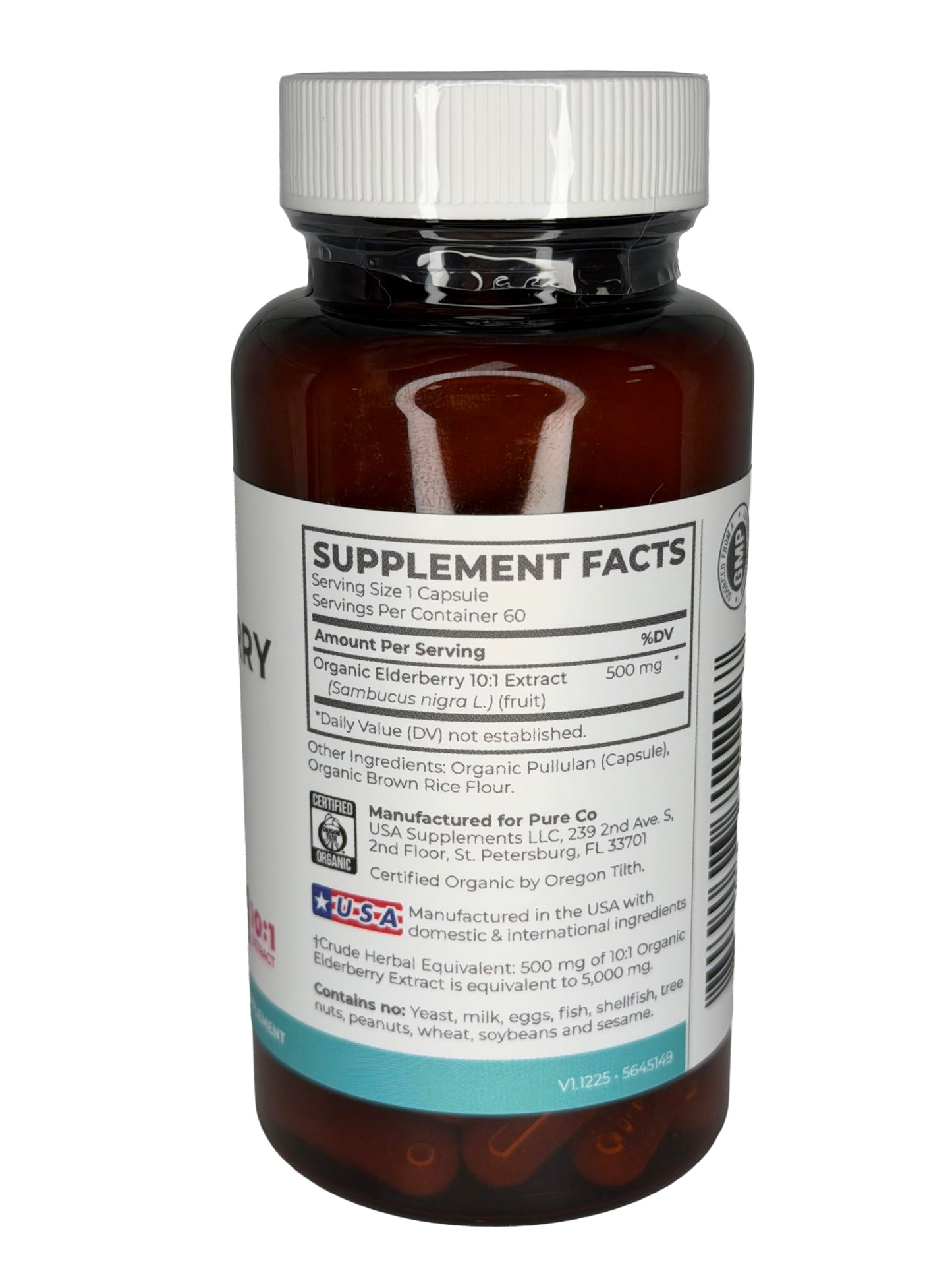 PURE CO Organic Elderberry 10:1 Extract 500mg Per 1 Capsule Serving - Vegan Black Elderberry Supplement for Immune Support, Allergy, Sinus Relief - Sambucus Nigra - 30 Caps