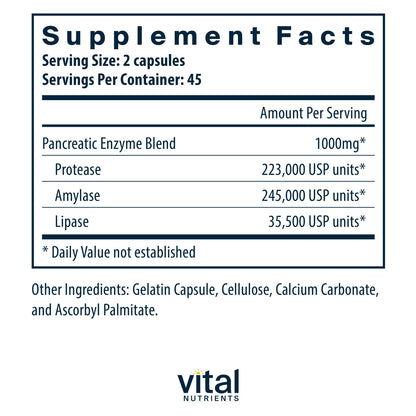 Vital Nutrients Pancreatic Enzymes 1000mg (Full Strength) | Pancreatin Digestion Supple