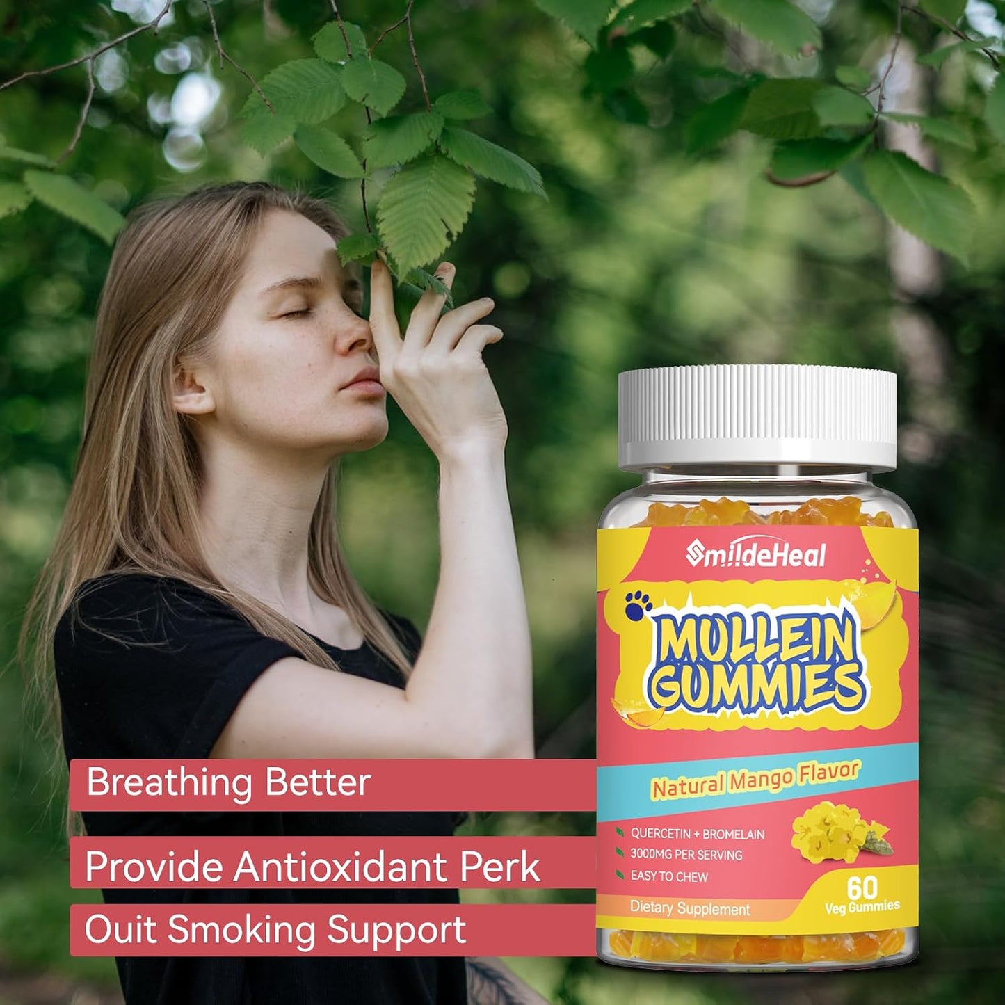 3000MG Mullein Gummies, Mullein Leaf Extract for Lungs, 60 Count | Sugar Free Mullein Gummies with Bromelain & Quercetin, Vegan