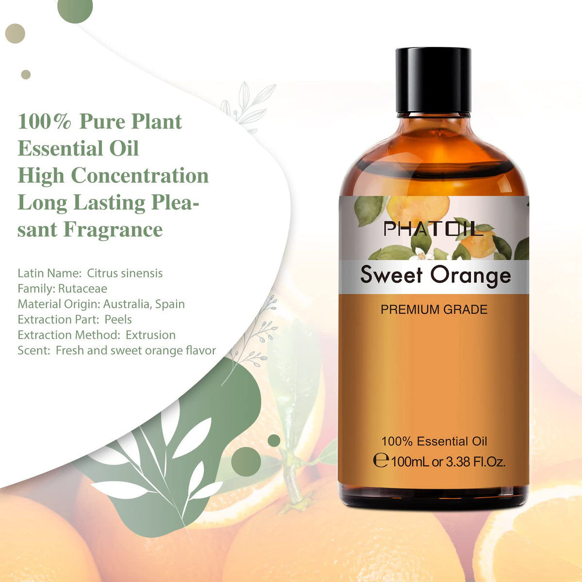 PHATOIL Sweet Orange Essential Oil 100ML, Pure Premium Grade Sweet Orange Essential