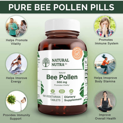 Natural Nutra Bee Pollen 500 mg, Helps Promote Vitality and Immune System, Improve Overall Health, Helps Improve Body Stamina, 100 Tablets
