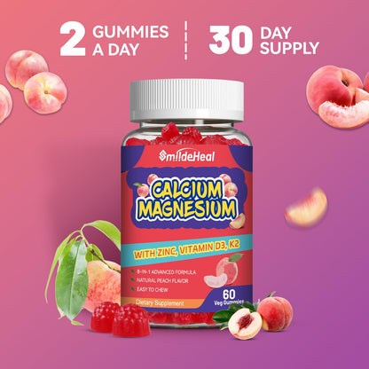 Calcium Magnesium Gummies 600MG, Calcium Magnesium Zinc Gummies with Vitamin D3 - High Absorption Complex Calcium Supplement, Vegan, 60 Counts