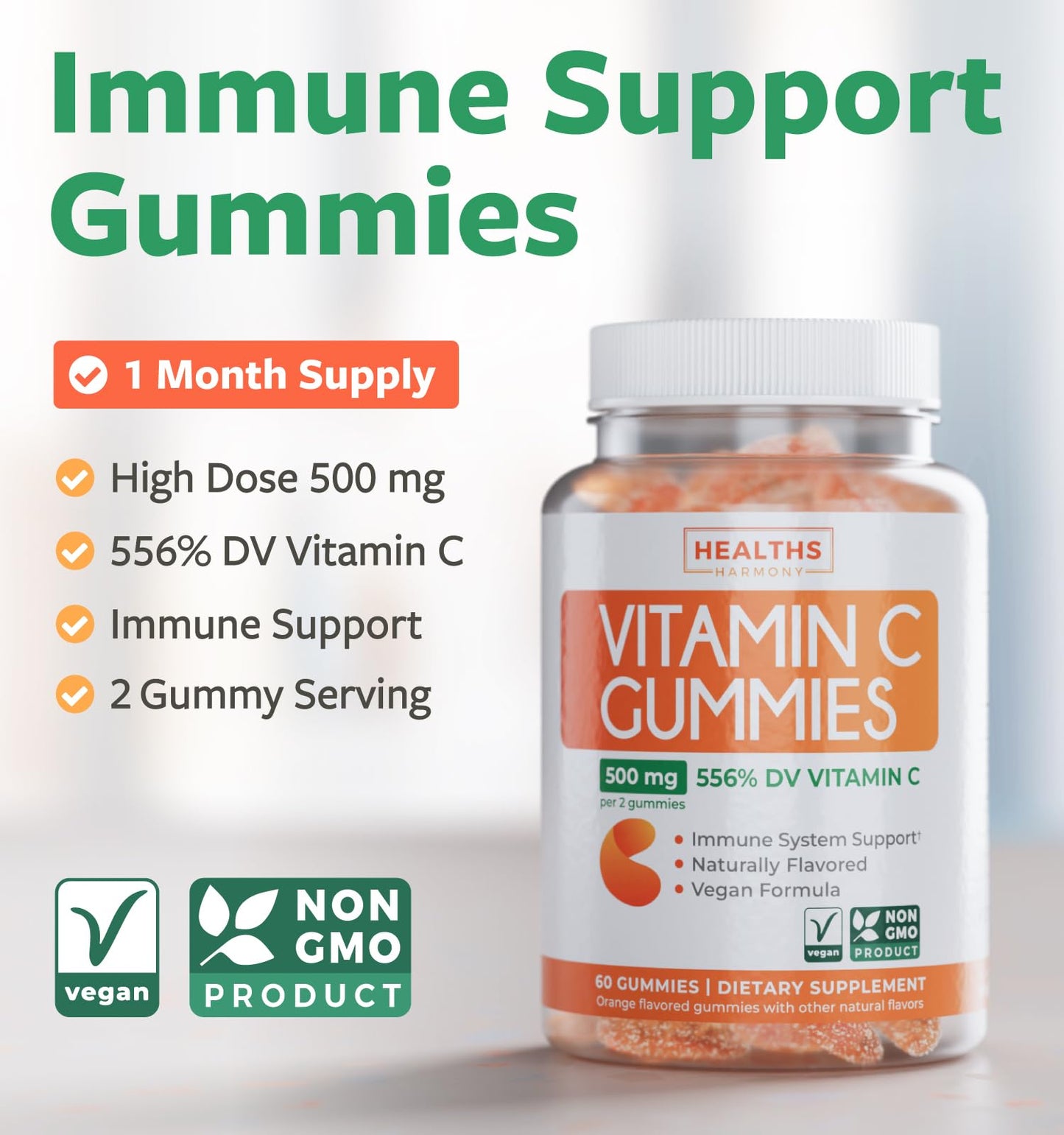 Vegan Vitamin C Gummies for Adults - Immune Support Gummies with Chewable Vitamin C 500mg per Serving for Daily and Seasonal Wellness - High Potency Non-GMO Formula - Orange Flavor (1 Month Supply)