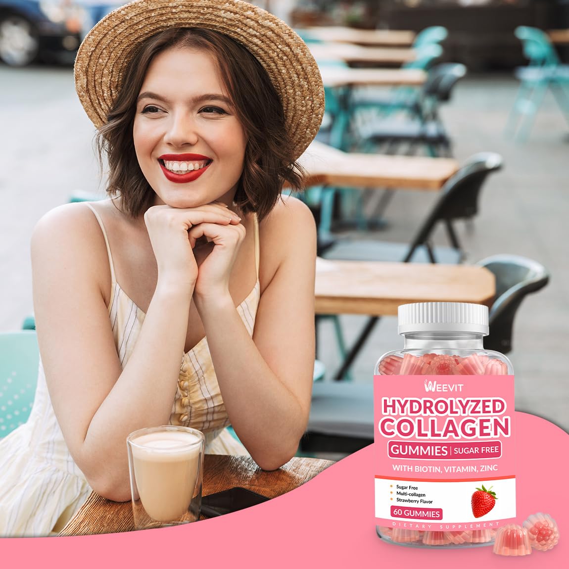 Collagen Gummies for Women, Vegan Hydrolyzed Collagen Peptides Gummies with Biotin