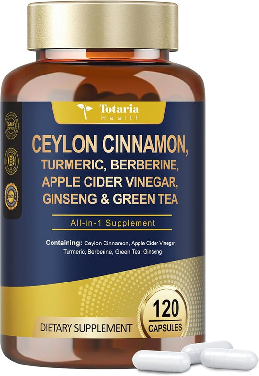 Totaria 18-in-1 Organic Ceylon Cinnamon Capsules with Berberine, Ceylon Cinnamon Supplement w/Apple Cider Vinegar Turmeric Bitter Melon Milk Thistle, for Metabolism, Energy, Heart*, 120 Counts