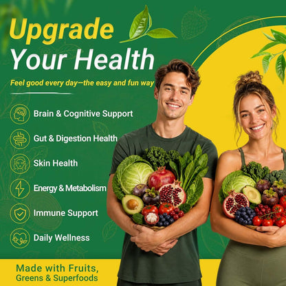 Greens Daily Gummies, Super Greens Multivitamin Gummy for Women and Men, Superfood Gummies with Spirulina, Chlorella, Adaptogens,Fruits, Vegetables, Support Digestion Gut Health - 20 Servings