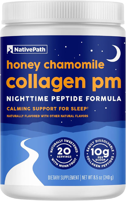 NativePath Collagen PM Honey Chamomile with Melatonin, 20 Servings | Grass-Fed Peptides, Magnesium, GABA & L-Theanine, Supports Restful Sleep, Skin & Hair, No Added Sugar