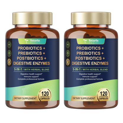 Totaria 5-in-1 Probiotic Prebiotic & Postbiotic for Women Men, 60 Billion CFU 24 Strains w/Digestive Enzymes, Prebiotic Fiber, Slippery Elm, Daily Complete Immune, Gut Health, 120 Day Supply