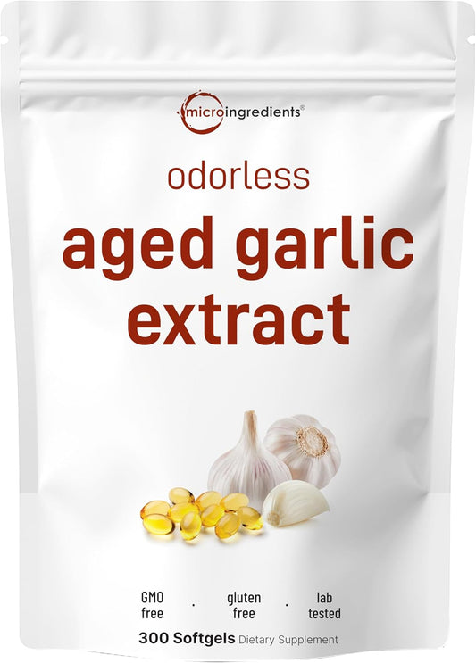 Micro Ingredients Odorless Garlic, 300 Softgels | 2 Years Aged Garlic Extract | Grown Allium Sativum Bulb | Natural Herbal Supplements | Non-GMO, Gluten Free