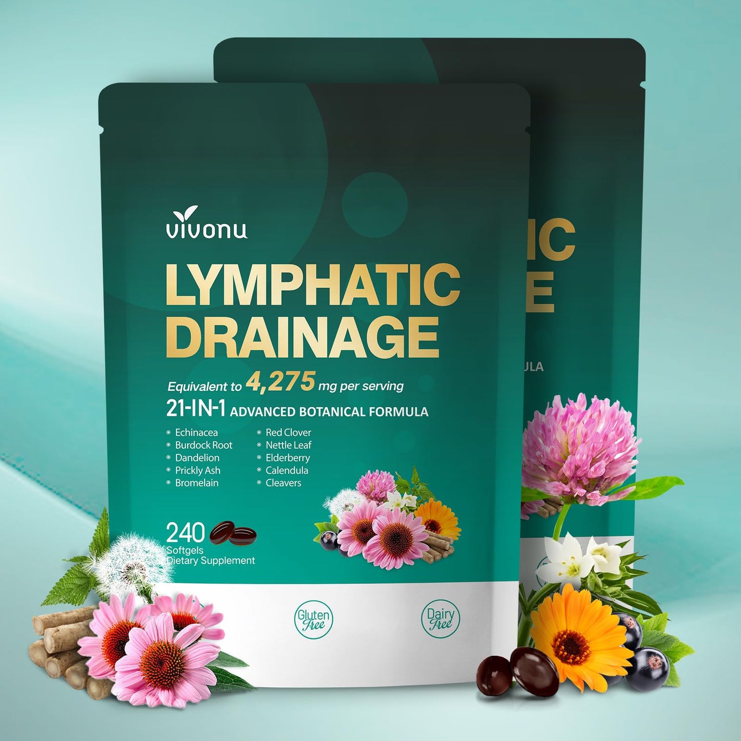 Lymphatic Drainage Supplements, 240 Softgels, Lymph System Support Supplement for Women & Men, 21-in-1 Herbal Blend with Echinacea, Dandelion, Burdock, Bromelain, Calendula, Turmeric & More, 1 Bag