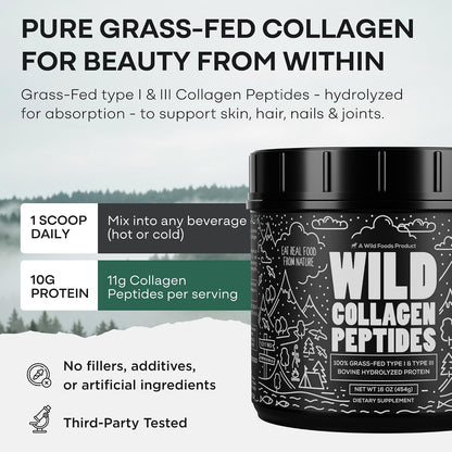 Wild Foods Collagen Peptides Powder – 16 oz Grass-Fed Hydrolyzed for Skin, Hair, Nails Support – Unflavored & Easy to Mix – Non-GMO, Made in USA Collagen Powder for Women and Men