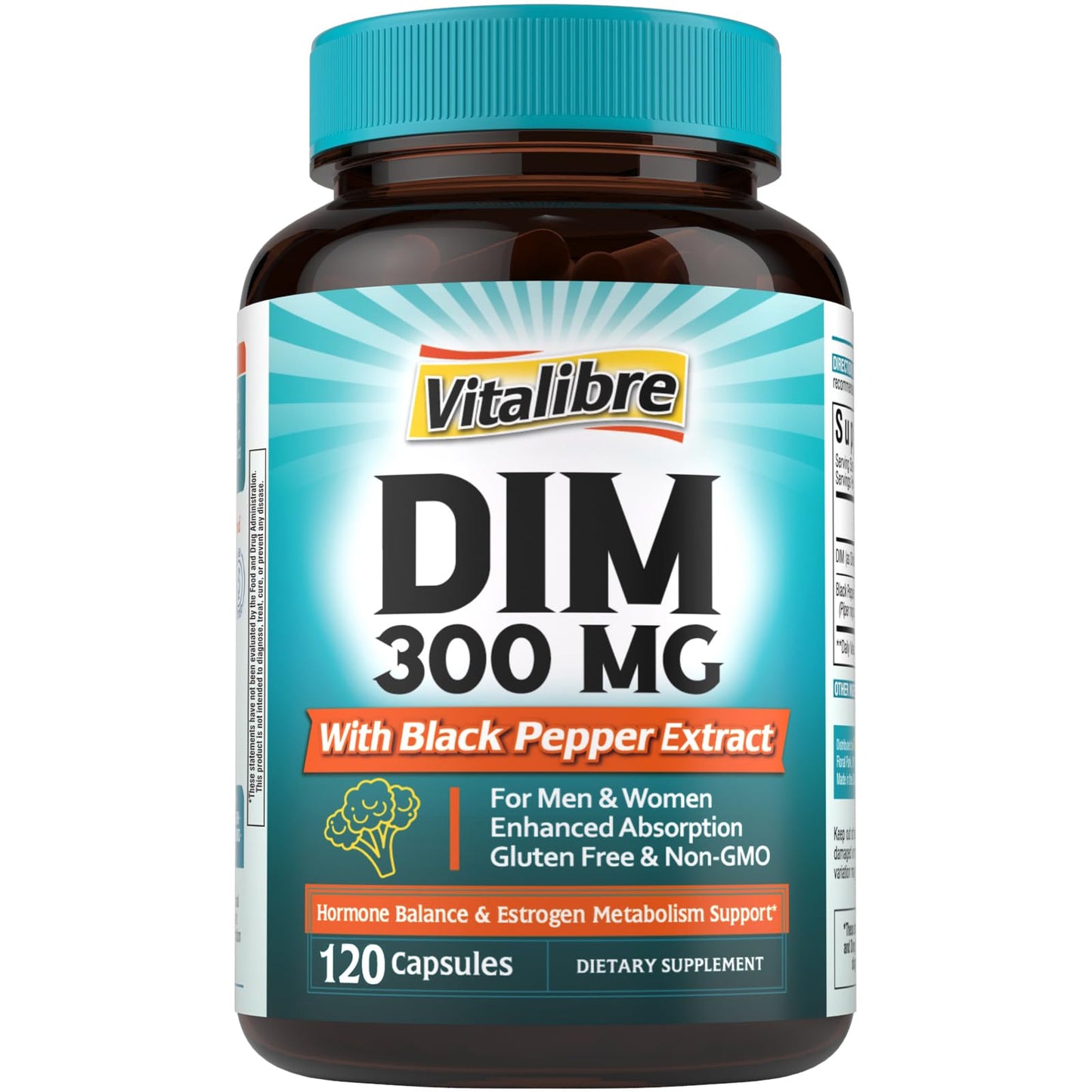 Vitalibre DIM Supplement for Women & Men, Estrogen Metabolism, Hormone Balance & Menopause Support, DIM 300 mg with Black Pepper Extract, High Absorption, 90 Capsules