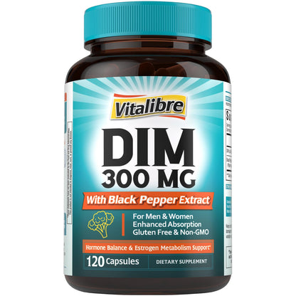 Vitalibre DIM Supplement for Women & Men, Estrogen Metabolism, Hormone Balance & Menopause Support, DIM 300 mg with Black Pepper Extract, High Absorption, 90 Capsules