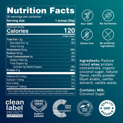 Puori Whey Protein Powder - Bourbon Vanilla - PW1 Pasture Raised, Grass-Fed & Non-GMO