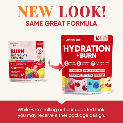 Venture Pal Electrolyte Packets + Burn Support, Sugar Free, 16 Sticks | 7 Electrolytes + L-Carnitine, Berberine, ACV, Chromium, Green Tea, Metabolic Support, Keto Friendly, Vegan, Liquid Daily IV