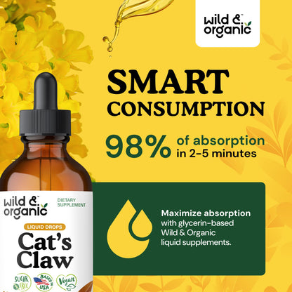 Wild & Organic Cats Claw Herb Supplement - Immune Support - Pure Cats Claw Tincture - Add to Tea Liquid Drops - Uncaria Tomentosa Bark - Vegan, Sugar & Alcohol-Free - 4 fl oz