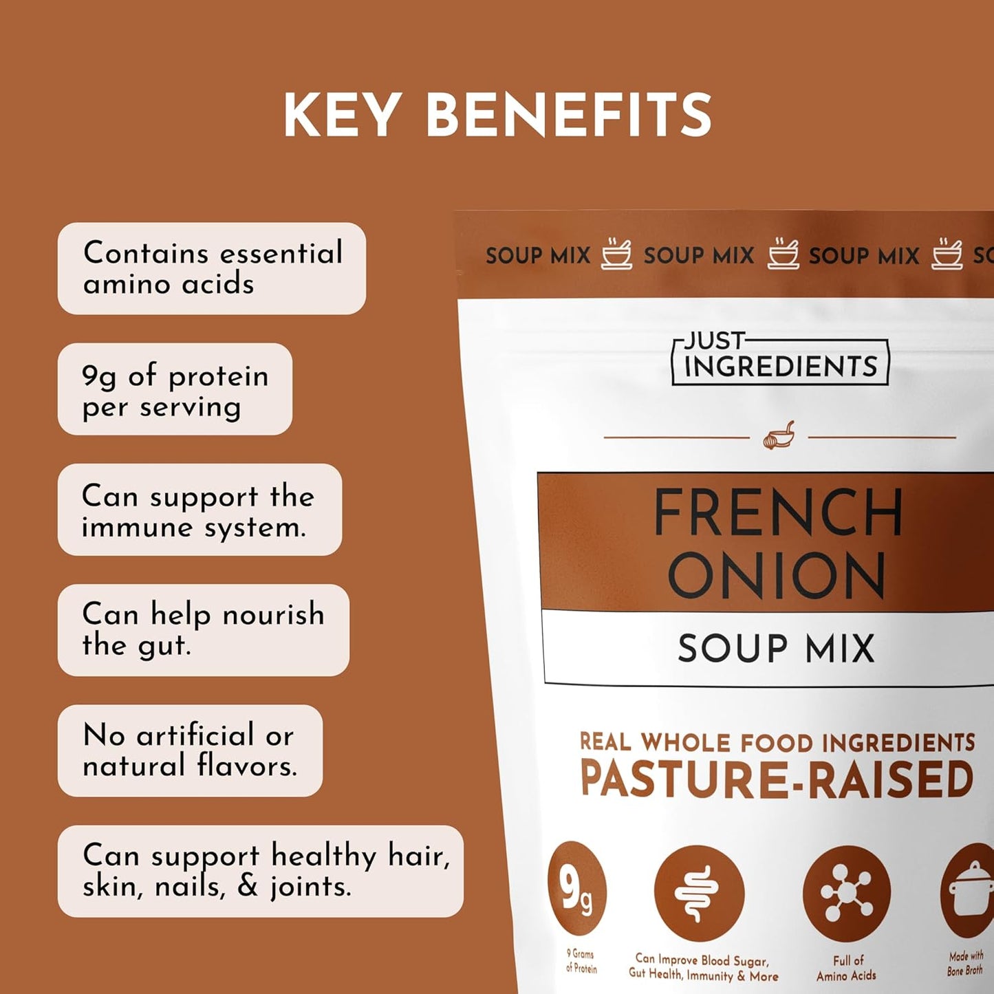 Just Ingredients French Onion Soup Mix Powder - 20 Servings, 9g Protein, Bone Broth, Gut Health