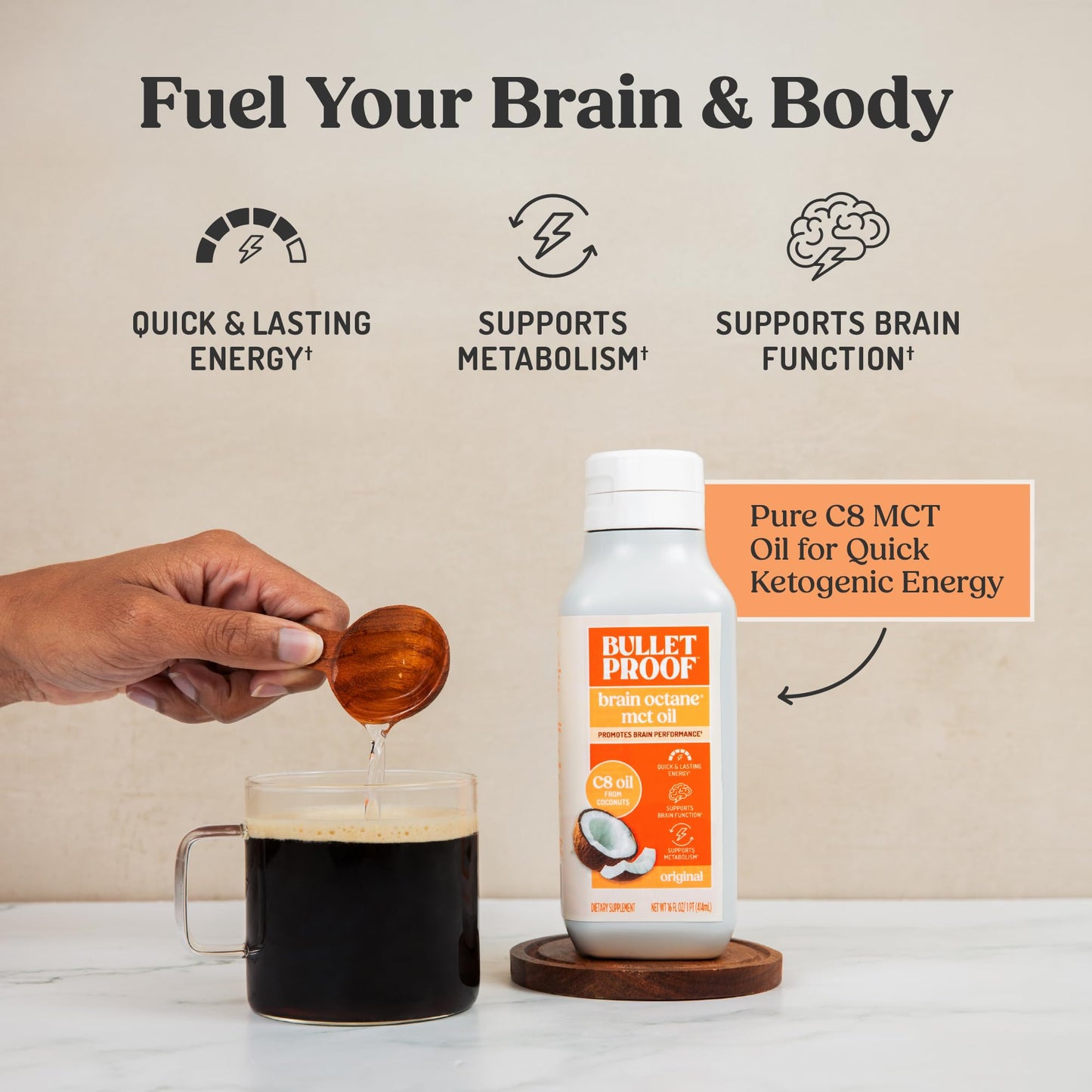 Bulletproof Brain Octane C8 MCT Oil, 16 oz – 100% Pure Coconut Oil, Triple-Distilled Keto Energy Supplement for Coffee & Smoothies, Unflavored, No Additives or Fillers, Non-GMO