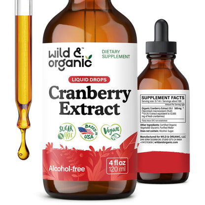 Wild & Organic Cranberry Concentrate Liquid Drops - Urinary Tract Support with Cranberry Supplement for Women & Men - 500 mg Extract per Serving - Vegan, Sugar & Alcohol-Free - 4 fl oz