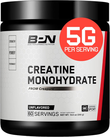 BARE PERFORMANCE NUTRITION, BPN Pure Creatine Monohydrate Powder by Creapure, 5g of Creatine per Serving, Supports Muscle Growth, Unflavored Creatine Powder, 60 Servings | 5g of Creatine per Serving, Supports Muscle Growth for Increased Strength, Power an