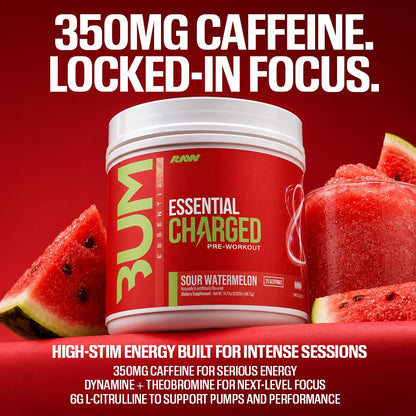 RAW Pre-Workout Powder, Essential CHARGED (Sour Watermelon) - Preworkout Supplement for Men & Women - Supports Focus, Mood & Performance - Caffeine, Alpha-GPC, L-Citrulline, Beta Alanine (25 Servings)