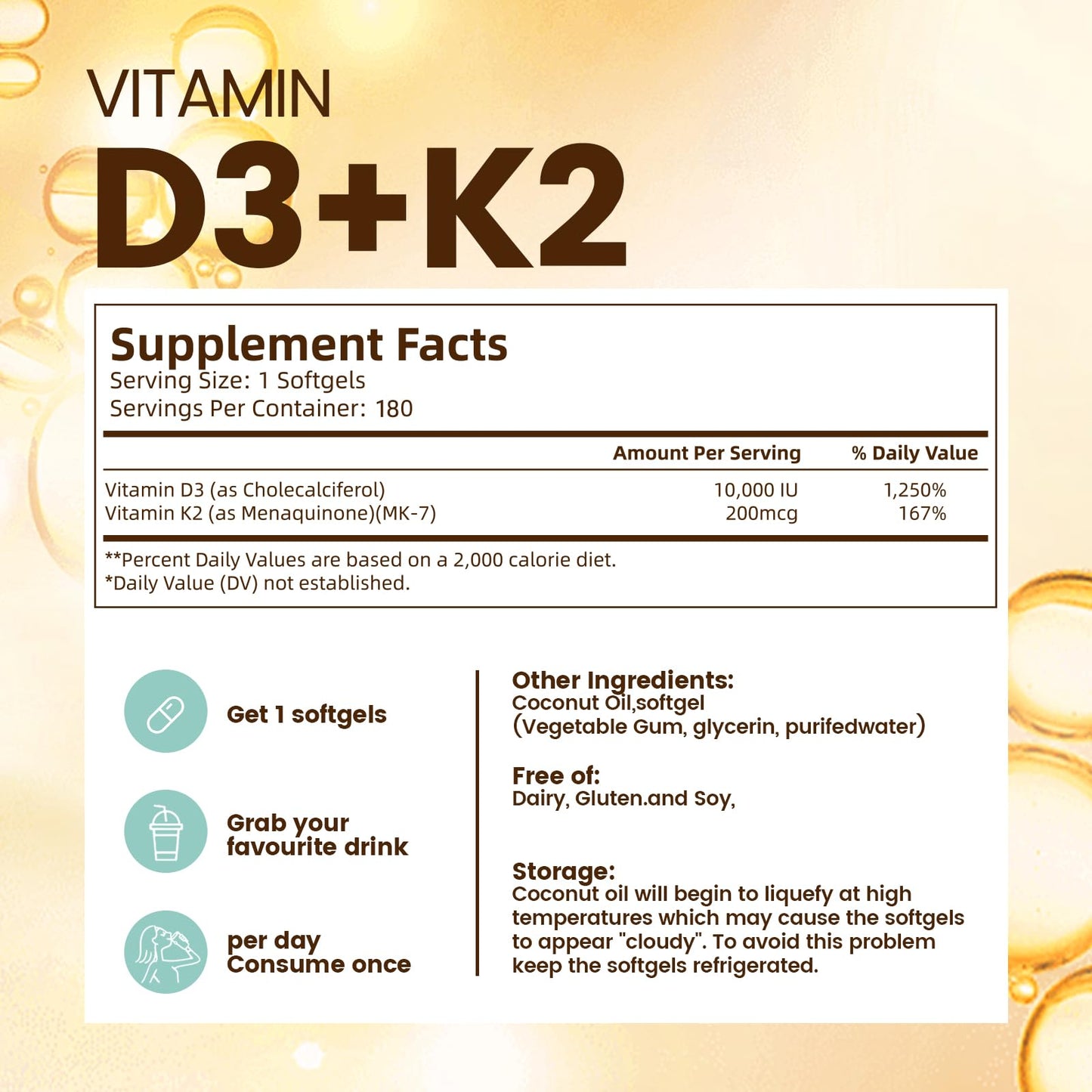 VivoNu Vitamin D3 K2 10000 IU with MK7-300 Virgin Coconut Oil Softgels, 2 in 1 Vitamins D & K Complex | Vitamina D3 con K2 (300 Softgels /1 Bag)