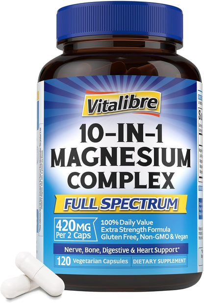 Vitalibre 10 in 1 Magnesium Complex, 420mg Elemental Magnesium 120 Capsules | Ultra Strength, Max Absorption | Chelated Magnesium Supplement for Women Men Nerves, Bone & Heart Health | Non-GMO
