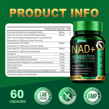 Liposomal NAD+ Resveratrol 400mg with Urolithin A, 60 Capsules | Enhanced Absorption with Urolithin-A & CoQ10, Supports Cellular Energy & DNA Maintenance, Non-GMO, Gluten Free