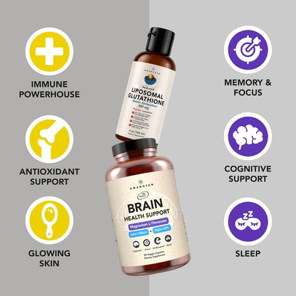 AMANDEAN Premium Brain Health Supplement & Liposomal Glutathione Bundle. Triple Formula with Magnesium L-Threonate, USA-Grown Organic Lion’s Mane 6:1 Extract, and Alpha-GPC. Support Cognition, Focus &