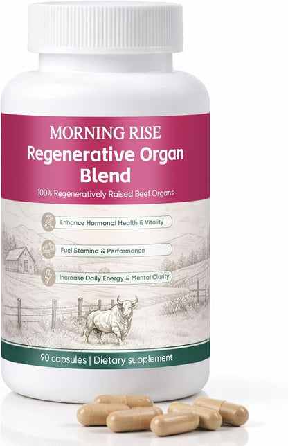 MORNING RISE Regeneratively Raised Beef Organs Capsules, Grass Fed & Pasture Raised, Gluten-Free, Non-GMO, 90 Count