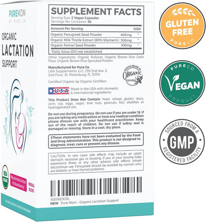 USDA Organic Lactation Supplement - Increase Milk Supply with Herbal Breastfeeding Support - Aid for Mothers - Organic: Fenugreek Seed, Fennel & Milk Thistle - 60 Vegan Capsules (No Pills or Cookies)