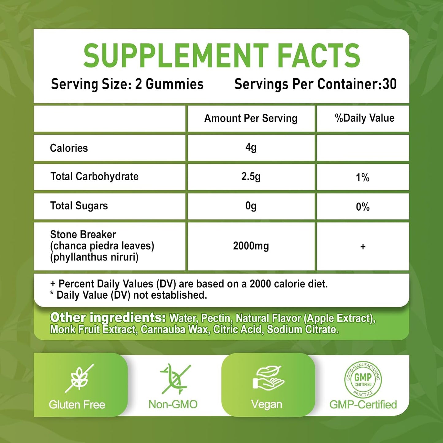 2 Pack Chanca Piedra Stone Breaker Gummies, Organic Herbal Supplement for Kidney Cleanse & Gallbladder Health, Kidney Stones Dissolver, Sugar Free, Vegan, Non-GMO, Apple Flavor