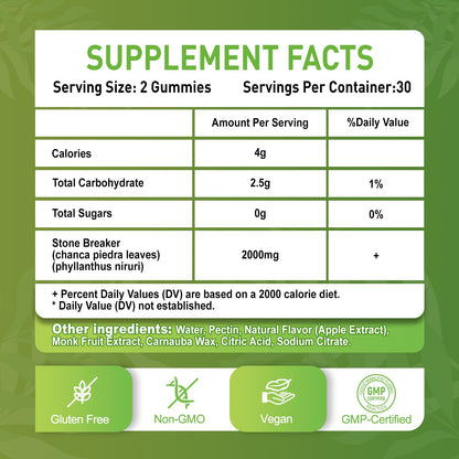2 Pack Chanca Piedra Stone Breaker Gummies, Organic Herbal Supplement for Kidney Cleanse & Gallbladder Health, Kidney Stones Dissolver, Sugar Free, Vegan, Non-GMO, Apple Flavor