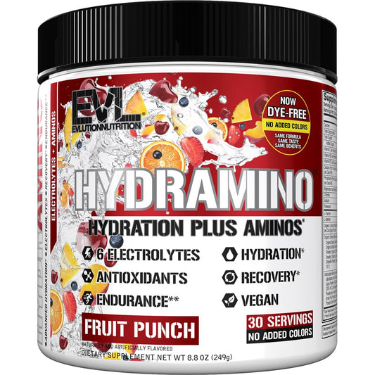 Evlution Nutrition HYDRAMINO Complete Hydration Multiplier, 6 Electrolytes, Vitamin C & B, Fluid Boosting Aminos, Coconut Water, Endurance, Recovery, Antioxidants, 30 Serve, Orange Mango (Dye Free)
