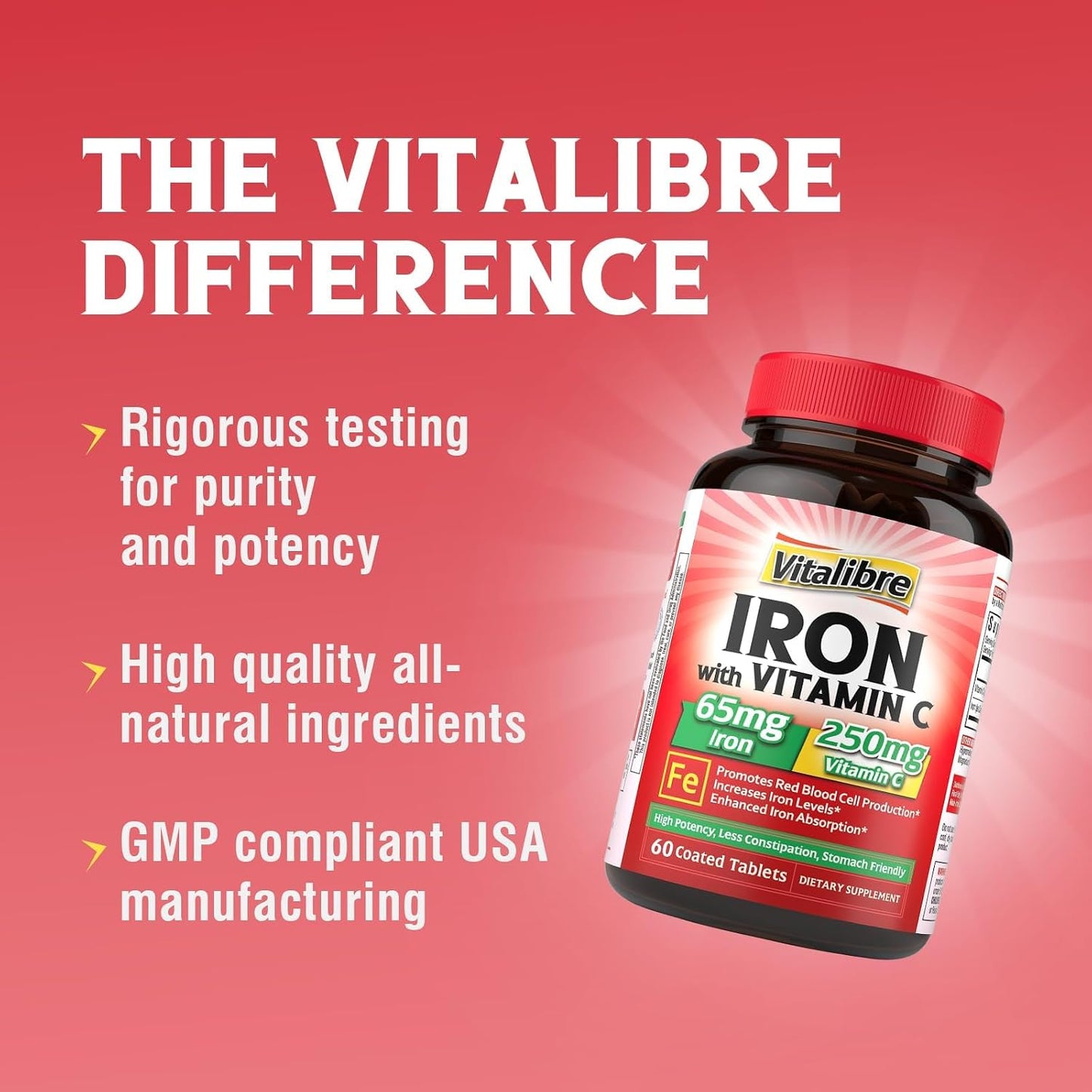 Iron Supplement, 65mg Carbonyl Iron with 250mg Vitamin C, Stomach Friendly | Iron Pills for Blood Building Women & Men, High Absorption, No Nausea, No Constipation, Non-GMO, No Gluten, 60 Vegan Tabs
