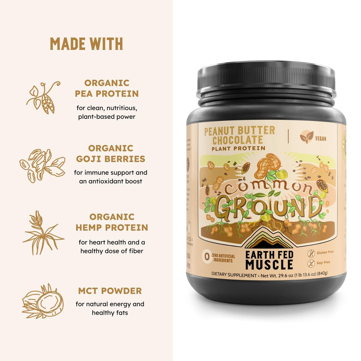 Earth Fed Muscle Organic Plant Protein Powder, Chocolate, 1.74 lb