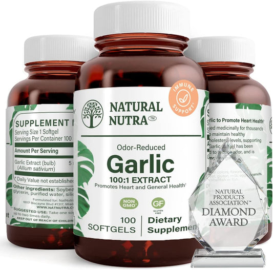 Natural Nutra Odorless Garlic Oil Supplement, Organic Pills for Boost Heart Health & Skin Health, Enhance Immune System, Reduce Cyclical Issue, Maintain Body Fat Oil, Allium Sativum 500mg,100 Softgels