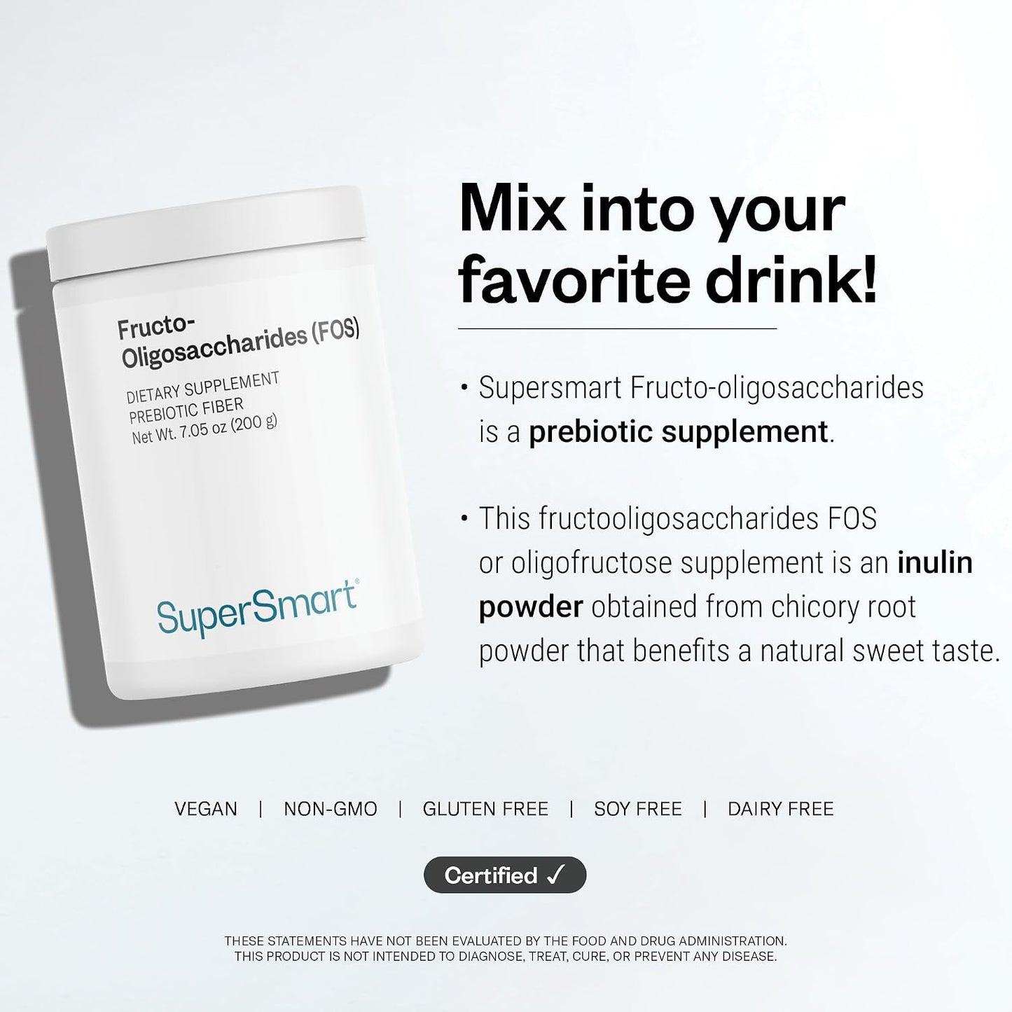 Supersmart Fructo Oligosaccharides Powder (Prebiotics FOS) - Oligofructose Inulin - Fiber Supplement | Non-GMO & Gluten Free - 200 g