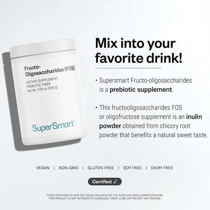 Supersmart Fructo Oligosaccharides Powder (Prebiotics FOS) - Oligofructose Inulin - Fiber Supplement | Non-GMO & Gluten Free - 200 g