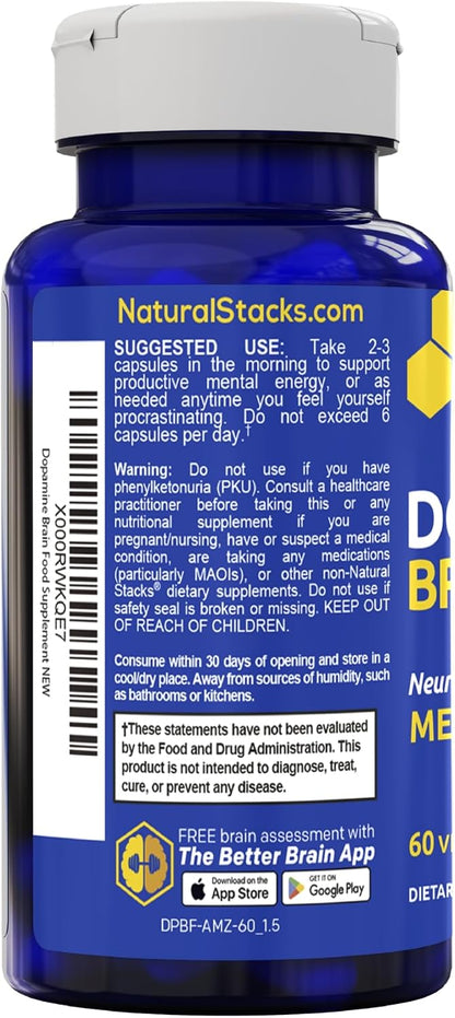 Dopamine Brain Food, Focus & Mental Drive Support with L-Tyrosine, 60 Count | 650mg Tyrosine Supplement with Vitamin B & C - Neurotransmitter Support for Mental Drive & Motivation - Natural Stacks