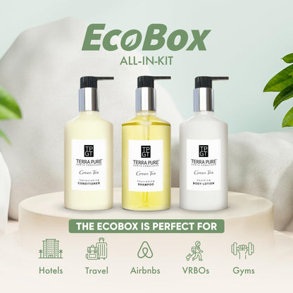 Terra Pure 1-Shoppe 30 Piece Ecobox All-In-Kit | Green Tea Soap | 12 Shampoo, 6 Conditioner