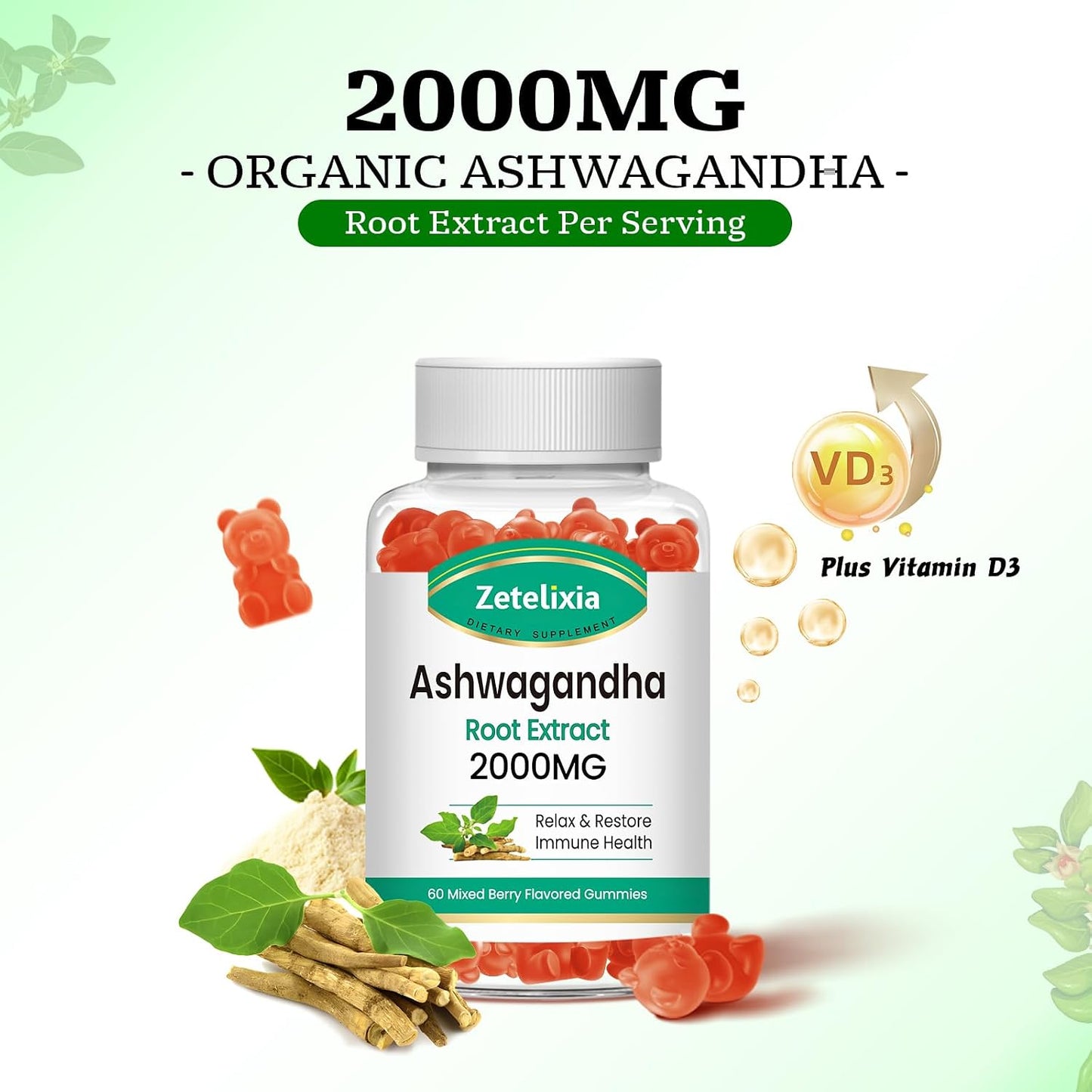 Ashwagandha Gummies, Extra Strength Vitamin D3, Organic Ashwa Root Extract Supplement for Calm Mood Relaxation & Immune Support, Mixed Berry Vegan Sugar Free Chews 60 Count