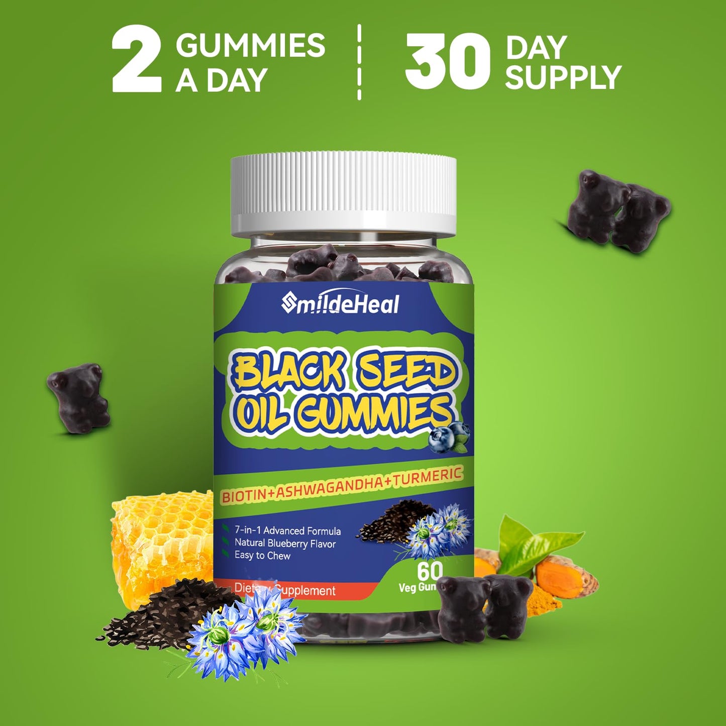 Black Seed Oil Gummies, Organic Black Cumin Seed Oil Gummies, Black Cumin Seed Oil Organic 500mg, Chewable Black Seed and Honey Gummies, Vegan, 60 Gummies