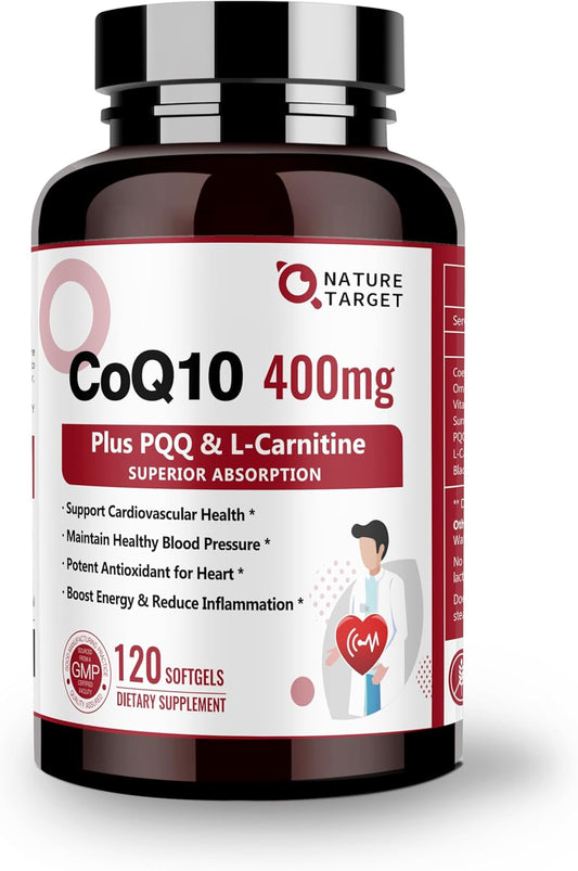 NATURE TARGET CoQ10-400mg with PQQ, Omega-3s & L-Carnitine, 120 Servings | High Absorption Coenzyme Q10 with BioPerine, Supports Heart, Brain, Immune System, Energy Production