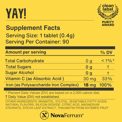 NovaFerrum Yay | Chewable Iron Supplement for Kids & Adults Ages 4 and Over | 18mg of Iron | 90 Servings | Sugar Free | Vegan | Gluten Free | Orange Flavor | For Ages 4+ | Sugar Free, Vegan, Gluten Free Certified | Orange Flavor | 90 Servings