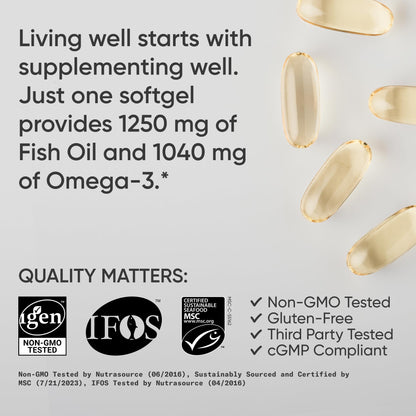 Sports Research® Omega-3 Fish Oil 1250 - Triple Strength Fish Oil Supplement from Wild Alaska Pollock - MSC Certified Sustainable · Non-GMO · Soy Free - 90 Softgel Capsules